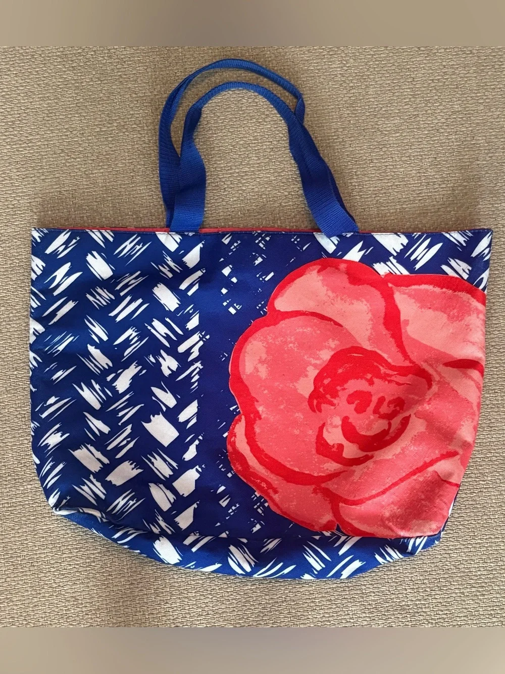 Lancôme Paris Canvas Tote Bag – Blue & White Abstract with Coral Rose Graphic